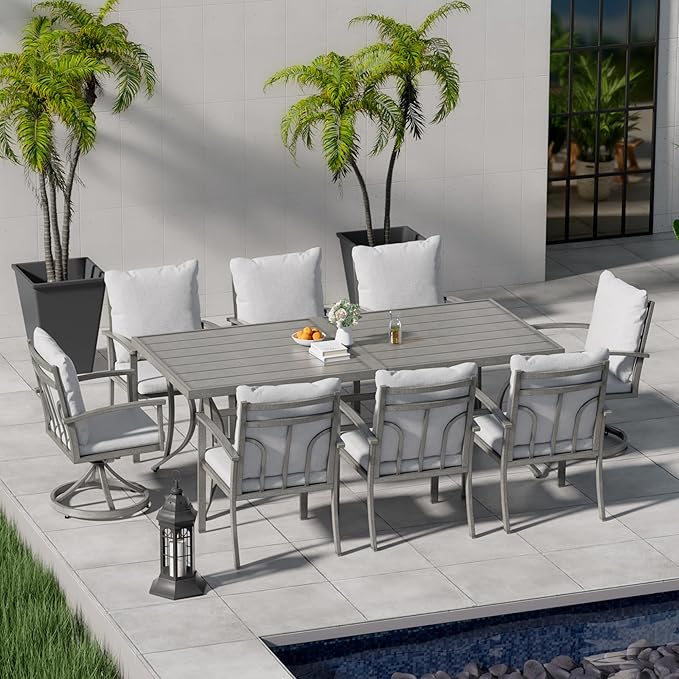 HAPPATIO 9-Piece Patio Outdoor Dining Set - All Aluminum Patio Table and Chairs Set for 8 Includes 1 Rectangular Dining Table, 6 Dining Chairs, and 2 Swivel Chairs with Cushions for Lawn, Deck