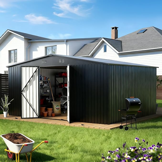 14X12 FT Outdoor Storage Shed, Durable Metal Outside Storage with Lockable Doors, Waterproof Storage Shed for Tools, Equipment, Ideal for Backyard Garden Patio Lawn