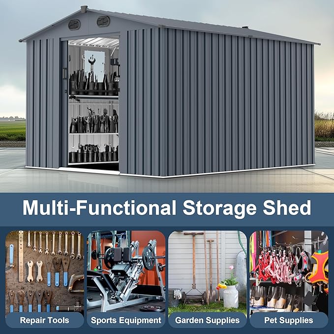 Outdoor Storage Shed, Metal Garden Shed with Double Doors, Galvanized Steel, Waterproof and Rustproof (8x10 FT Metal Shed)