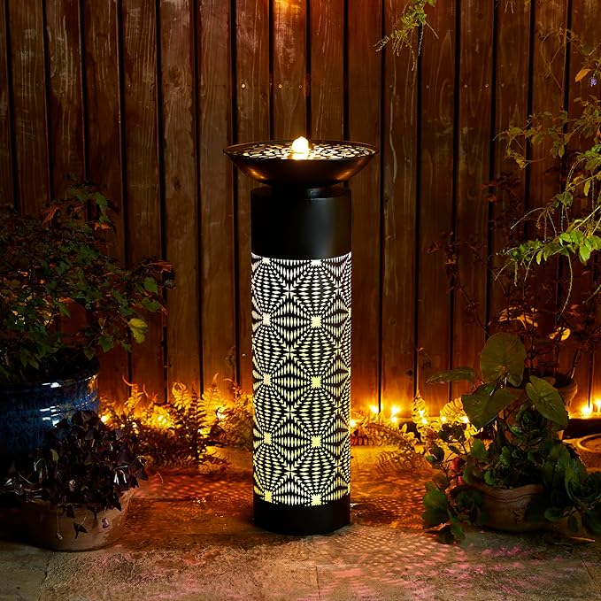 Glitzhome Modern Black Metal Cutout Water Fountain - 36'' Outdoor Bird Bath Fountain with LED Light & Pump - Freestanding Waterfalls Garden Fountains for Patio Backyard Porch Patio Decor