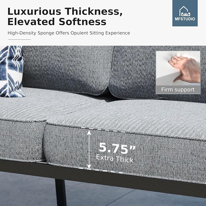 MFSTUDIO 5 Pieces Patio Conversation Sets,Outdoor Metal Furniture Sofas with 1 x 3-Seat Sofa, 2 x Swivel Chairs,2 x Ottoman,Wrought Iron Frame with Grey Cushion for Patio Courtyard Balcony