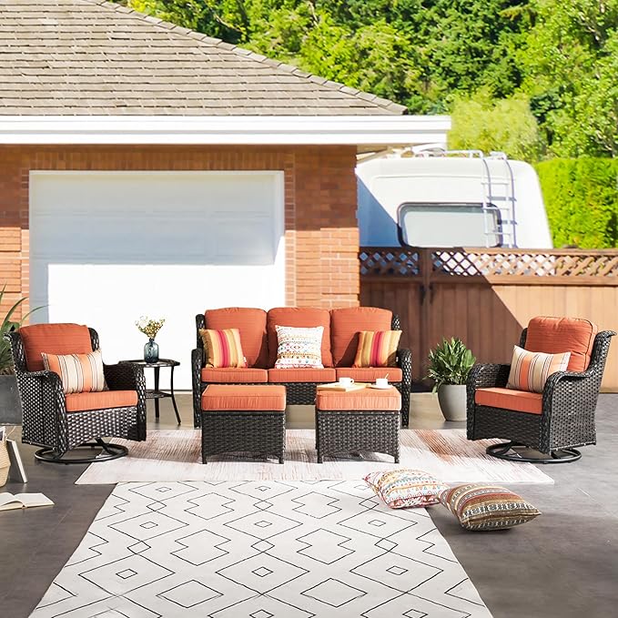 HOOOWOOO Patio Furniture Set,6 Piece Outdoor Furniture Set with Swivel Chairs,Wicker Patio Conversation Couch Chairs Ottoman Set,Orange Red
