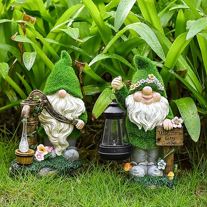 VINIUSIKI Solar Garden Gnome Statues with Water Pump Light, Easter Outdoor Decorations for Porch Patio, Lawn,Gifts for Women and Men, Decorative Resin Statue for Outdoor Patio Yard