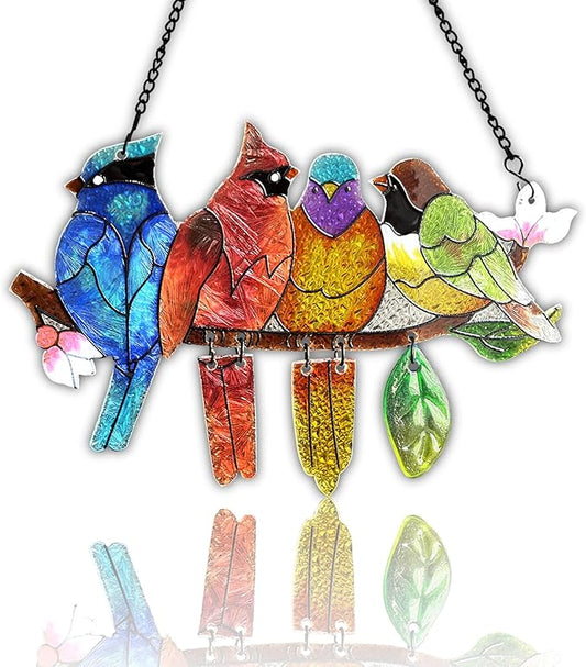 Stained Glass Window Hanging - Hummingbird on Branch Suncatcher Hand-Painted Double Side Stain Glass Cardinal Gifts Sun Catcher for Windows Doors Room Outdoor Home Decoration
