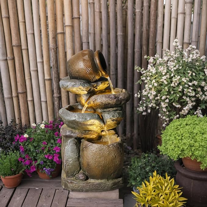 Outdoor Rock Garden Water Fountain for Garden, Patio, Backyard, Deck, Porch and Office, Living Room Home Art Decor, 3 Tiers Natural Cascading Outdoor Fountain with LED Lights 11“x9”x22
