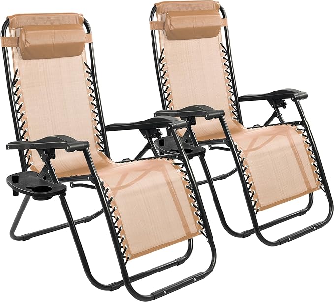 Elevon Zero Gravity Chair Set of 2 with Cup Holder & Removable Pillows, Adjustable Reclining Outdoor Patio Folding Chairs Portable Lounge Chair Furniture for Poolside, Lawn, Beach, Camping, Beige