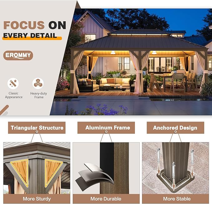 EROMMY 12'x22' Hardtop Gazebo, Galvanized Steel Double Roof Canopy with Aluminum Frame Permanent Metal Pavilion with Netting and Curtains for Patio Backyard Deck and Lawns