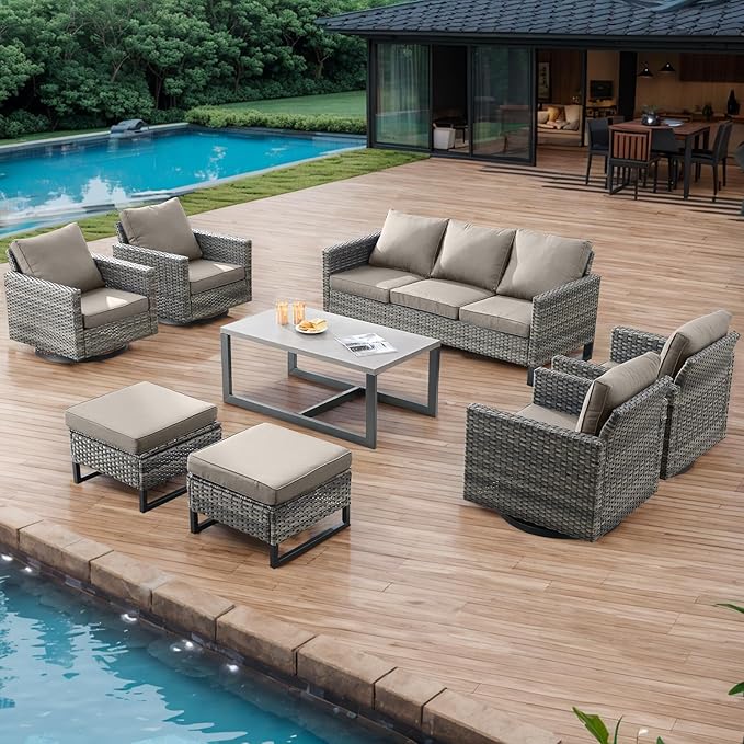 Wicker Outdoor Patio Furniture Set - 8 Piece Patio Conversation Set with 4 Swivel Rocker Chairs,2 Rattan Ottoman,1 Couch and 1 Metal Coffee Table for Outside Porch Deck Backyard(Mixed Grey/Grey)
