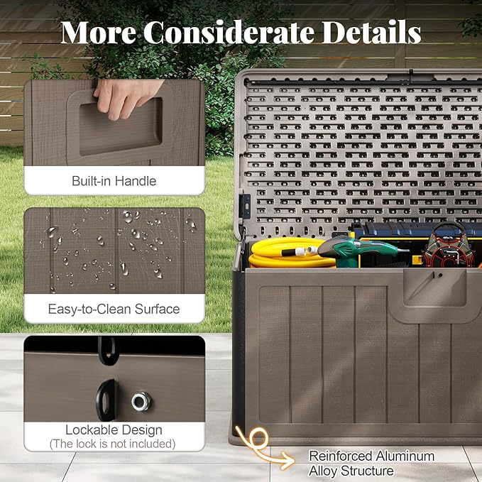 HAPPYGRILL Outdoor Storage Deck Box with Lockable Design & Gas Strut, Handle, 100 Gallon HDPE Patio Storage Organizer for Lawn Backyard Poolside (Brown)