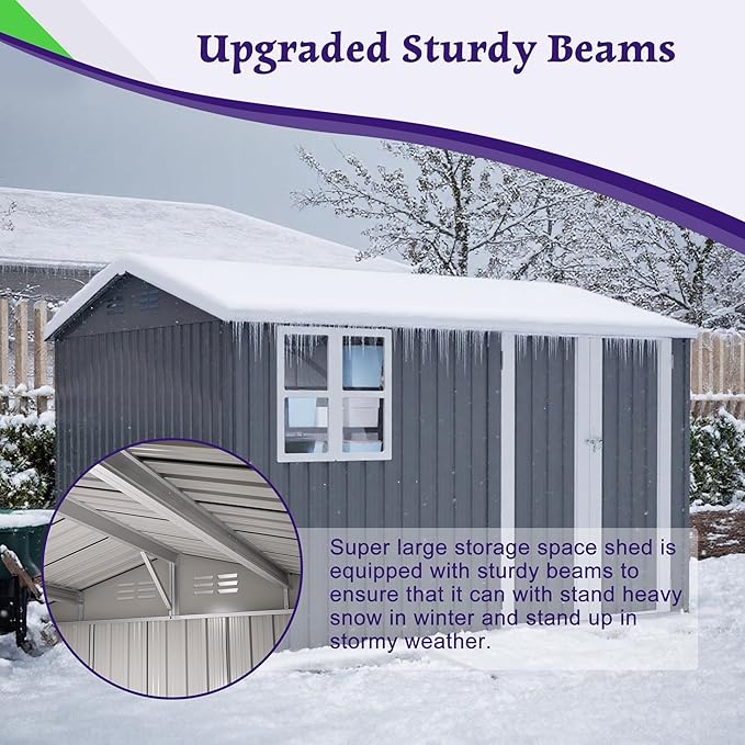 8x10 FT Shed Outdoor Storage Metal Large Garden Tool Sheds with Lockable Doors Floor Frame Window Gable Roof Waterproof Steel Utility Equipment Sheds for Backyard Patio Lawn Poolside, Grey
