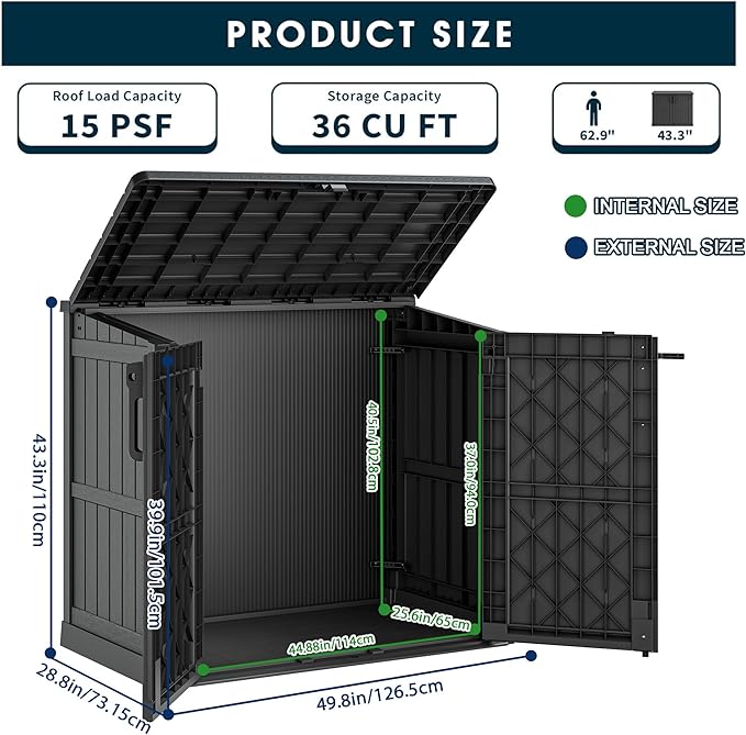 Light Gray Outdoor Resin Storage Shed 36 Cu. Ft. Garden Horizontal Storage Extra Large Capacity Weather Resistant Storage Box, Lockable Resin Waterproof Shed for Garbage Cans, Garden Tools