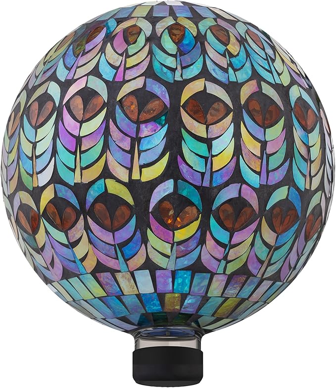 Alpine Corporation 10" Diameter Indoor/Outdoor Glass Mosaic Gazing Globe Yard Decoration, Peacock Feather Design
