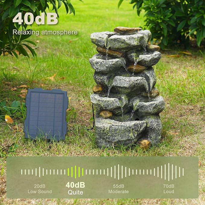 Solar Powered Water Fountain, 5 Tier Cascading Stone Design Feature Outdoor Fountains Waterfalls with Light, Pump Solar Panel for Patio, Deck, Porch, Backyard Home Decor,19.3" H