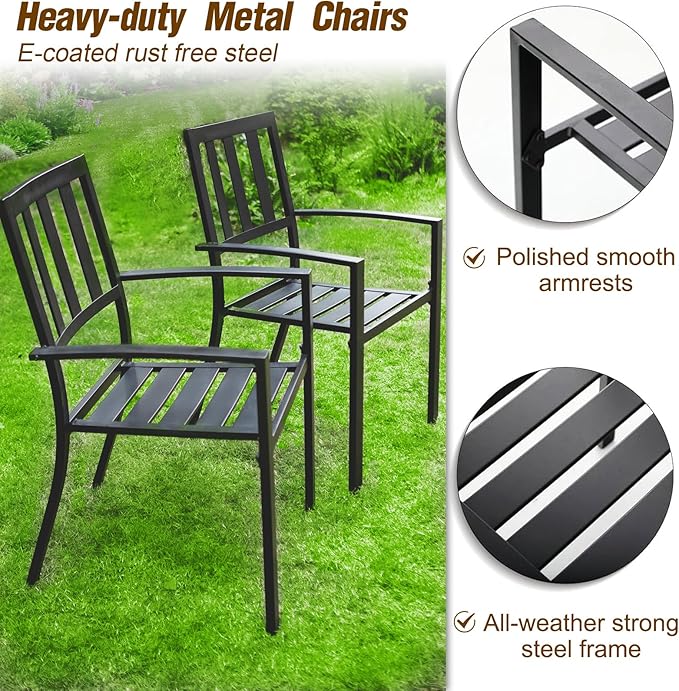 PHI VILLA 7 Piece Patio Dining Set with Umbrella, 60” Rectangular Metal Dining Table & 6 Stackable Metal Chairs & 13ft Large Red Umbrella for Outdoor, Deck, Yard, Porch
