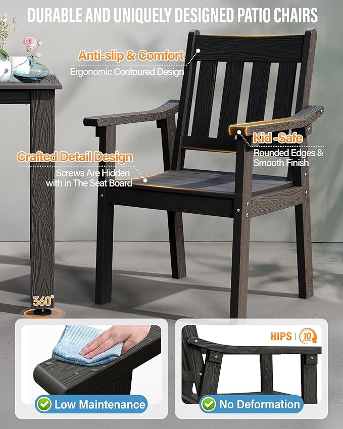 YEFU Patio Dining Chairs Set of 6: All Weather Outdoor Dining Chairs with Wide Curved Seat and Backrest - Outdoor Furniture Plastic for Outside Backyard/Garden/Porch/Deck 350lbs Capacity Black