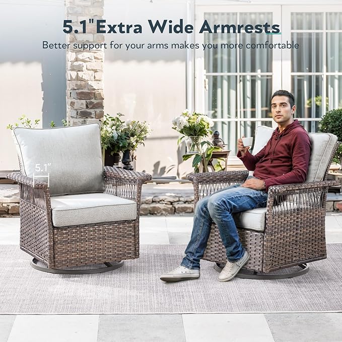 6 Pieces Wicker Patio Furniture Set - Hollow Widen Armrests Outdoor Swivel Glider Chairs and 3 Seat Sofa with Coffee Table & Ottomans for Balcony Porch Deck and Yard - Brown/Beige