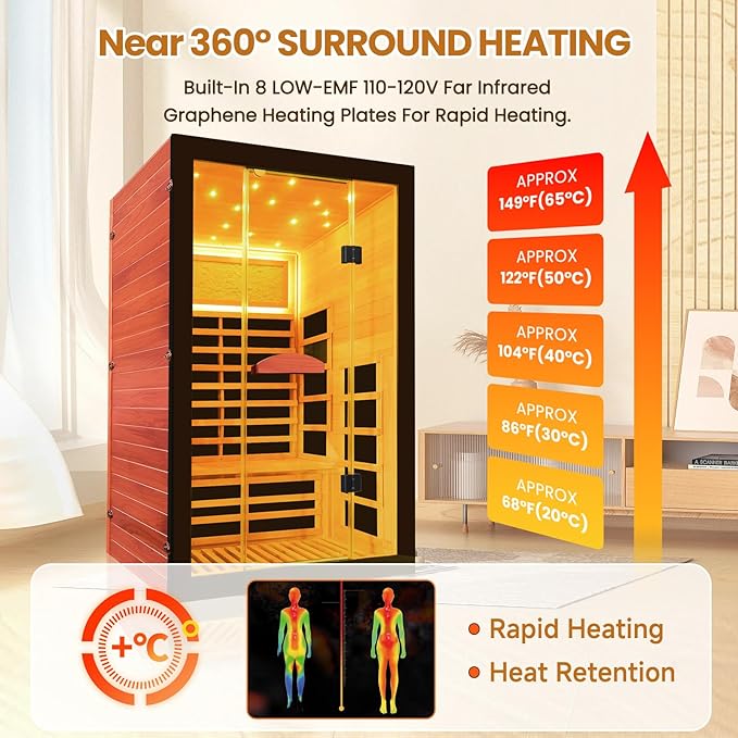 Far Infrared Sauna for Home 2 Person Sauna for Home Okoume Wood Red Sauna with Low EMF Infrared Sauna 2000W Dry Sauna 2 Person with 7 Colorful Light, Speaker and Tempered Glass Door