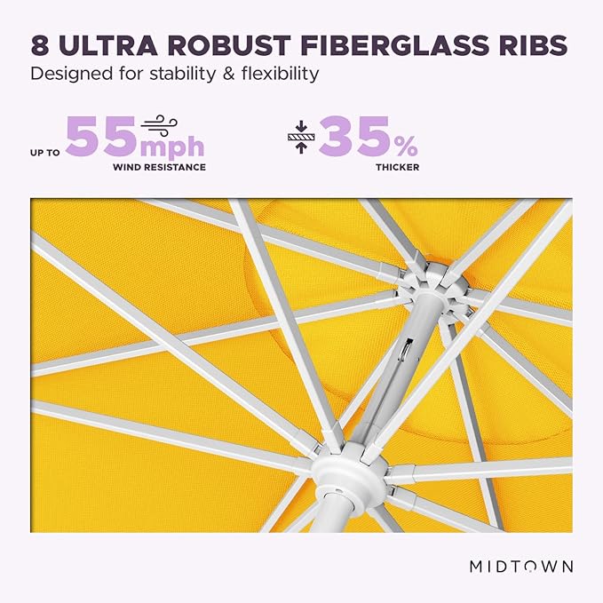 Midtown Umbrellas The Swilt 10 Feet Patio Umbrella in Sunbrella Yellow Acrylic Fabric - Fiberglass Ribs, Auto-Tilt Aluminum Frame For Backyard, Deck, Garden, Pool - White Pole