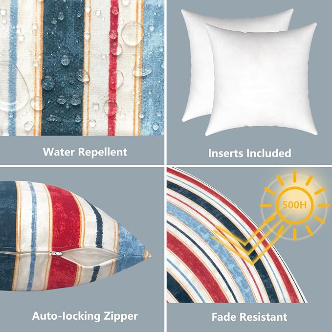 LVTXIII Outdoor Throw Pillows, Decorative Throw Pillows with Inserts, 16"x16" Square Pillows for Bed, Couch, Sofa and Patio Furniture, Set of 2, Stripe Red Blue