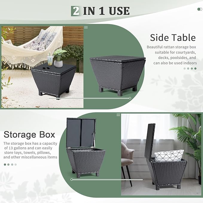 Outvita Outdoor Side Table, Rattan Coffee Table with Storage 13 Gallon Patio Small Deck Storage Box for Cushion Towel Books, Brown Side Table with lid