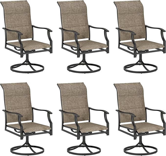 PHI VILLA Swivel Patio Dining Chair with 42" High Back, Padded Textilene Deep Seating Outdoor Chairs with Armrest & E-Coating Frame, All Weather-Resistant for Deck Lawn Garden, Set of 6