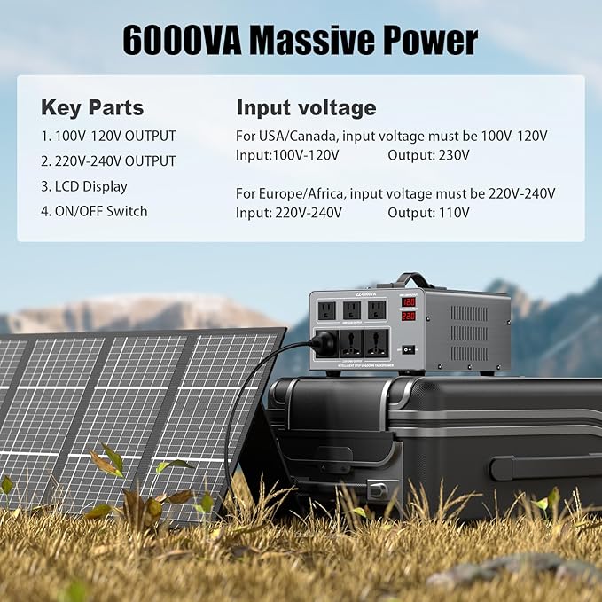 6000W Voltage Auto Converter Transformer, Heavy Duty Step Up/Down Power Converter 110/120/220/240V with 3 US Outlets,3 Universal Outlets,LED Display,w/US Standard Power Cord Circuit Breaker Protection
