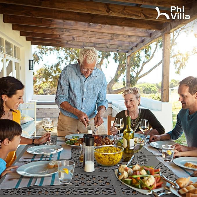 PHI VILLA 9-Piece Cast Aluminum Outdoor Dining Set for 8, Square Metal Dining Table with Umbrella Hole & Cushioned Wicker Rattan Chairs