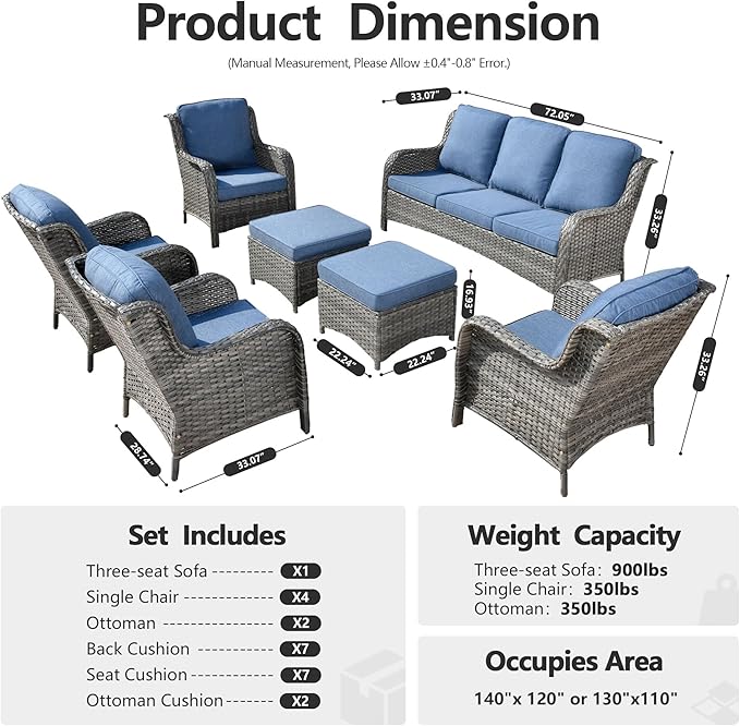 HOOOWOOO Patio Furniture Set,7 Piece Outdoor Furniture,Wicker Patio Conversation Couch Chairs Ottoman Set,Denim Blue