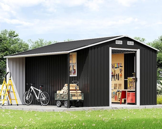 Jocisland Outdoor Storage Shed 10.6x10.3x6.3 FT, Rolling Door Shed with Dual 4-Pane Windows for Wood Storage, Dark Grey/White