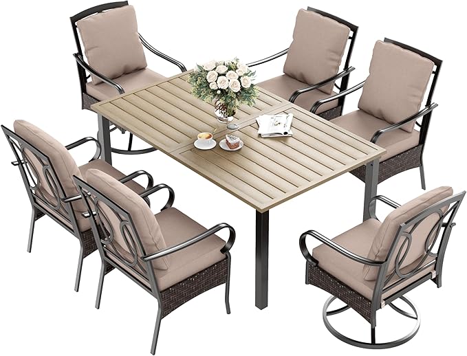 7 Piece Patio Dining Sets for 6, Outdoor Table and Chairs with Cushioned Wicker Swivel & Leg Patio Dining Chairs & Wood-Like Dining Table, Outdoor Dining Sets for Lawn Garden Backyard