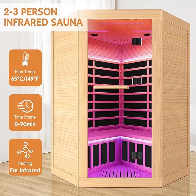 Sauna, Infrared Sauna 2 Person, 2 Person Sauna 9 Heating Plate 2180w Low EMF Room, Dry Sauna for Home, Wooden Sauna with 7-Color Therapeutic Lights and Bluetooth Speakers Room