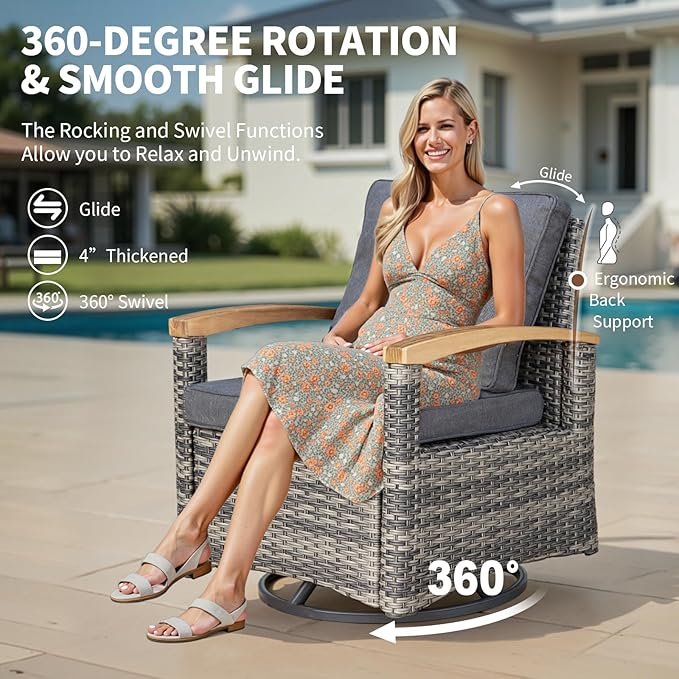MEISSALIVVE 9-Piece Outdoor Patio Furniture Set, Half-Moon Curved Sectional Set with Wood Armrests, Patio Conversation Set, Tempered Glass Coffee & Side Tables (Grey)