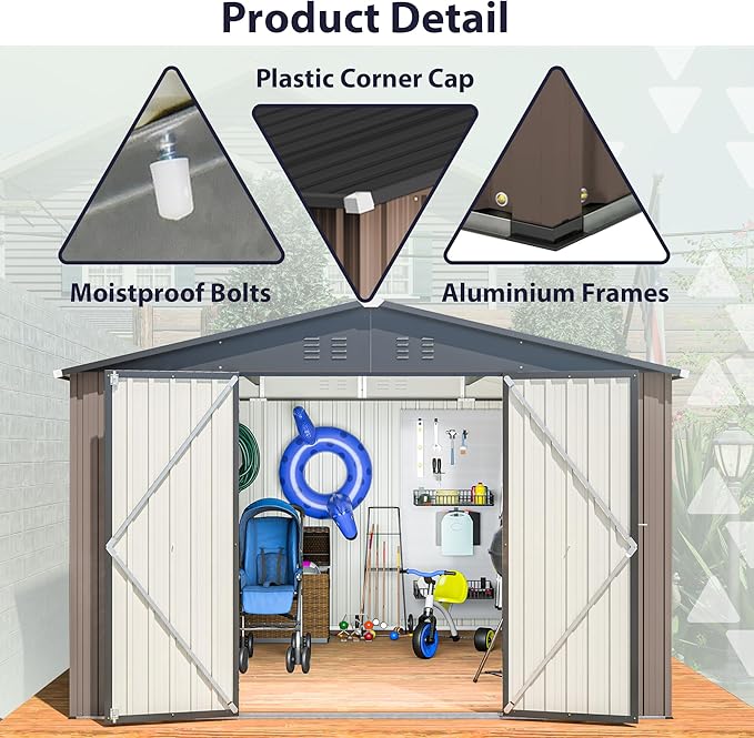 10x10 FT Outdoor Storage Shed, Large Metal Garden Shed with Lockable Hinged Doors, Outside Tool Shed with Sloped Roof & 4 Air Vents, Waterproof Storage Building for Backyard, Patio, Lawn, Brown
