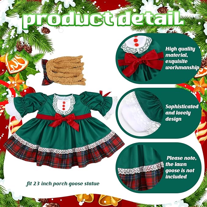 Soulchen 1 Set Christmas Green Porch Goose Outfit 23 Inch Winter Plaid Cement Goose Clothes Dress and Headdress Costume Set for Xmas Holiday Lawn Garden Yard Decor