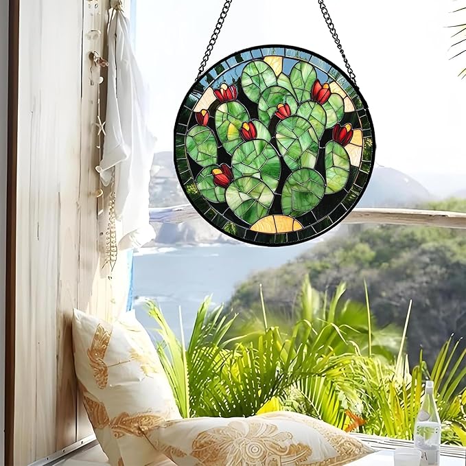 Stained Glass Window Hanging - Green Cactus Suncatcher for Doors Garden Patio Retro Plants Sun Catchers Decor Christmas Mother's Day Birthday Gifts for Women Men Mom Nana Friend 15 in