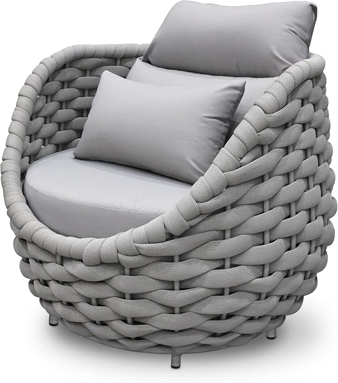 Patio Deck Accent Chair: Large Woven Rope Chair Cushioned - Aluminum Modern Single Lounge Armchair Assembled - All Weather Outdoor Seating for 400lbs Lanai Balcony Porch Yard Garden Hotel, Gray