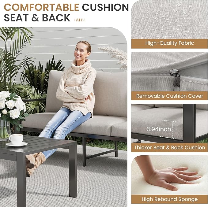 7 Seats Patio Conversation Set, Aluminum Outdoor Furniture Set Sectional Sofa with Upgrade Cushion and Coffee Table for Balcony, Porch,Garden,Backyard