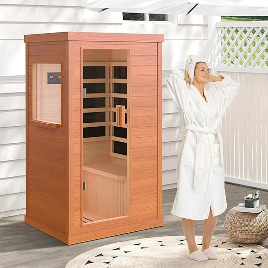 HUGROVE Far Infrared Wooden Sauna, Bluetooth Speakers & 5 Heating Panel, 900W Aucoumea Klaineana Dry Sauna for Home, Intelligent Control Panel and Tempered Glass Door