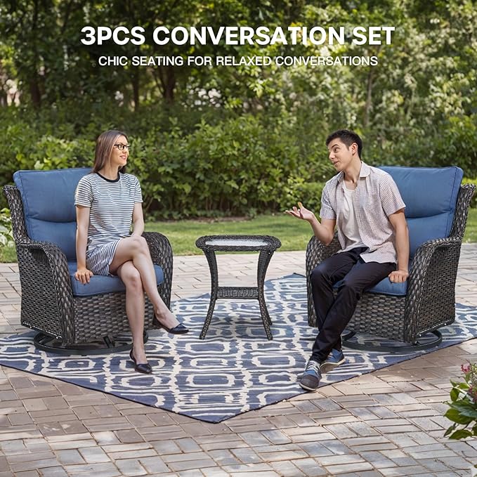 Patio Conversation Set with Smile-Shaped Cushions, Luxury Outdoor Swivel Chairs with Side Table and Ottomans, 5PCS PE Rattan Swivel Glider Chairs Set, Brown Wicker|Blue Cushions