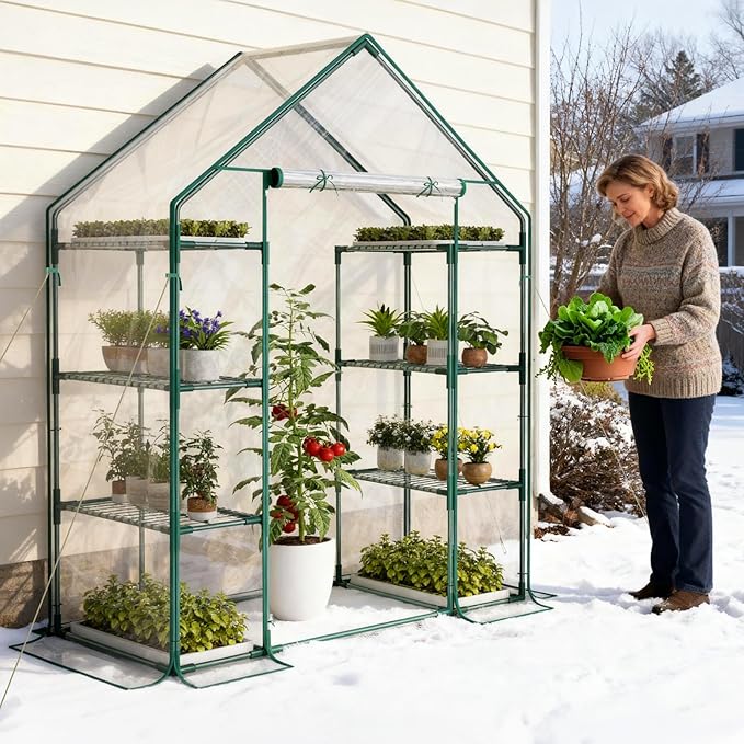 Indoor Greenhouse with Grow Light, 4-Tier Mini Greenhouse 56.3"x28.7"x76.8" Small Greenhouse with Zippered PVC Cover for Seed Starting Trays, Dimmable Plant Light for Indoor Plants with Timer
