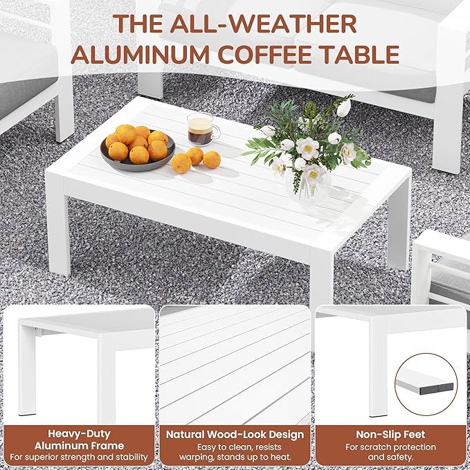 Solaste Aluminum Patio Furniture Set, 5 Seats Modern Outdoor Conversation Set Couch Sofa with Upgrade Cushion and Coffee Table, White