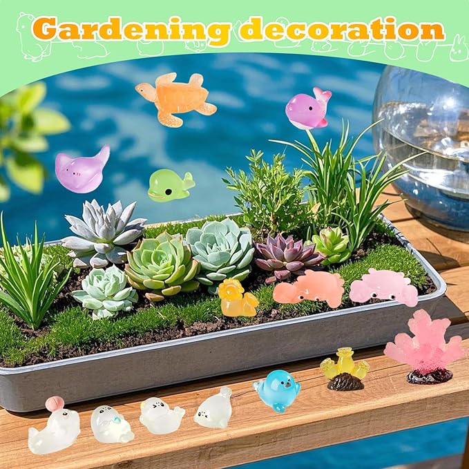 Luminous Mini Resin Ocean Animals Tiny Resin Sea Animal Tiny Turtle Octopus Dolphin Shark Miniature Figurines for Fish Tank Decorations, Glow in The Dark for Garden Miniatures Accessories 50 pcs