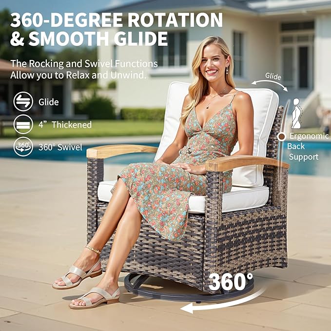 MEISSALIVVE 9 Pieces Outdoor Patio Furniture Sets,PE Wicker Patio Conversation Sets with 2 Wood Armrests Swivel Rocker Chairs,2 Single Chairs, 2-seat Sofa and Coffee Table(Brown)