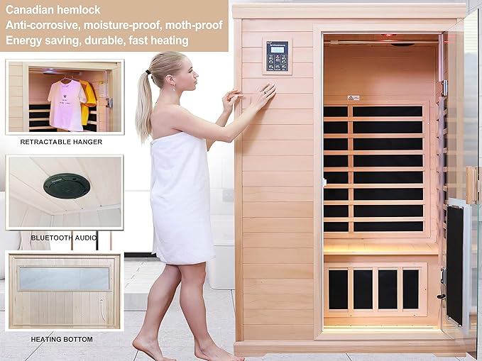 Far Infrared Sauna,Home Sauna,Low EMF Indoor Saunas for Home 2 Person 1,750watt,360° Surround Carbon Crystal Heating Panel-Chromotherapy Lighting-Bluetooth-Canadian Hemlock