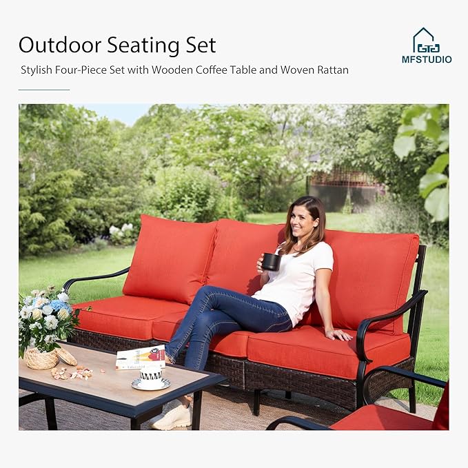 MFSTUDIO 4 Pieces Outdoor Patio Furniture Set, Metal Outdoor Conversation Set, Rattan Wicker Patio Sectional Sofa Set with 2 x Swivel Single Sofa, 2-Seat Sofa, 1 x Coffee Table, Red