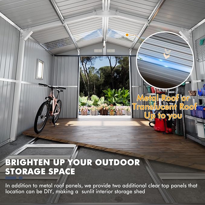 10x12 Metal Shed with Floor Frame Kit, Reinforced Construction - Translucent Roof Panels for Natural Light, Lockable Doors, Vents and Windows, Weatherproof Outdoor Storage for Garden/Backyard/Patio