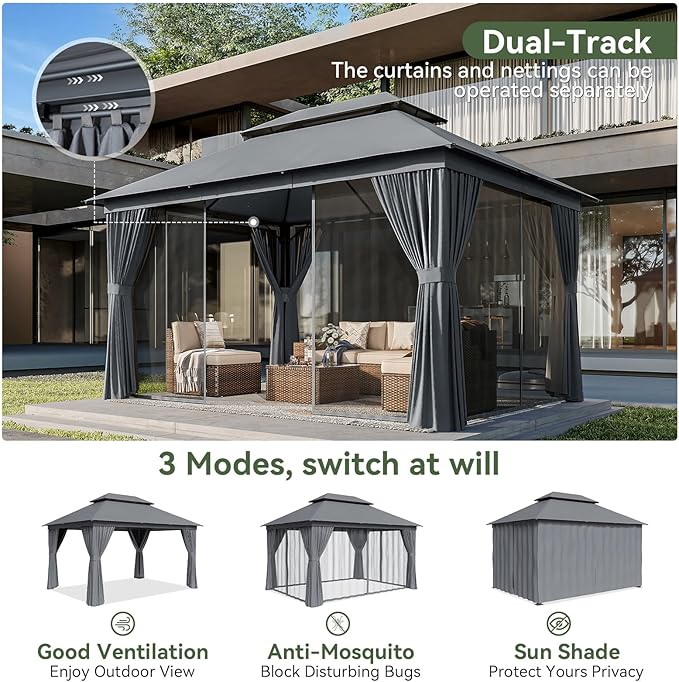 AOXUN Outdoor Gazebo for Patio 10x13, Metal Frame Canopy with Double Roofs, Heavy Duty Party Tent and Shelter with Mosquito Netting and Privacy Screen for Backyard, Lawn, Garden,Deck (Dark Gray)