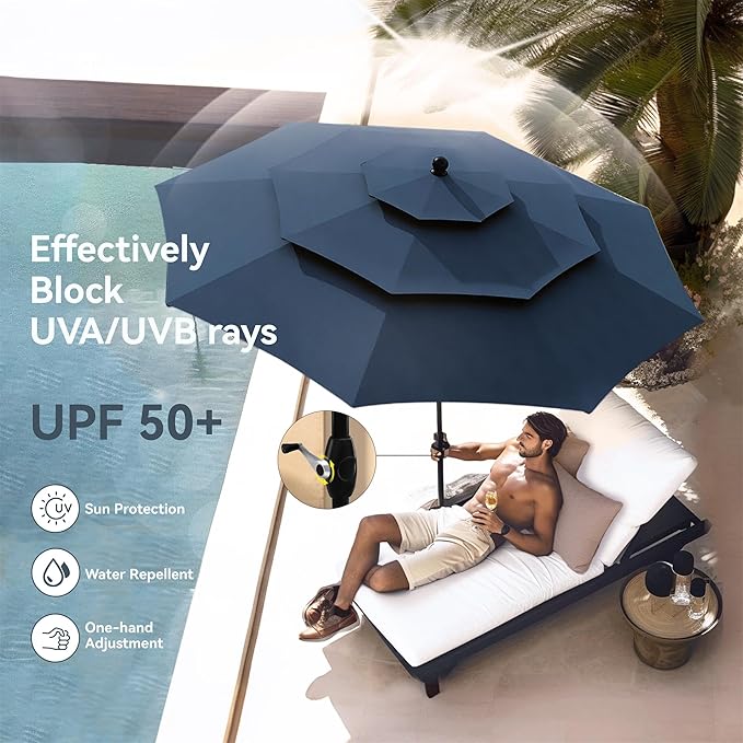 PHI VILLA Patio Dining Set 5 pcs with Umbrella(Navy Blue),1 Square Metal Table& 4 Metal Outdoor Stackable Chairs and 1 10ft 3 Tier Auto-tilt Umbrella (Base Not Included)