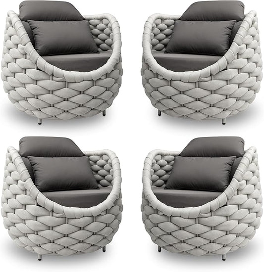 4 PCS Porch Furniture Chair: Patio Accent Chair Aluminum - Woven Rope Cushioned Armchair Assembled - Modern Lounge Single Chair - All Weather 400lbs for Deck Balcony Yard Garden Hotel Poolside