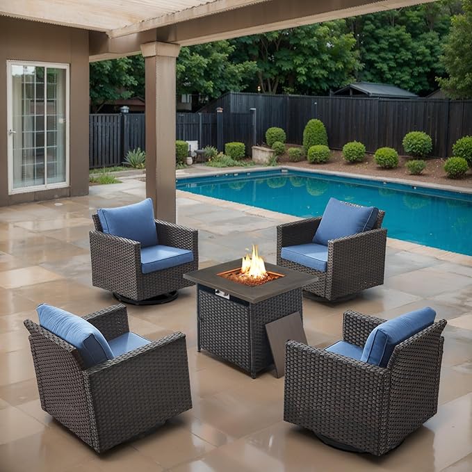 Outdoor Swivel Rocker Chairs Set of 4 with Fire Pit Table - 5 Peice Wicker Patio Furniture Set Conversation Set with 50,000 BTU Fire Pit for Deck Backyard - Brown Wicker Blue Cushion